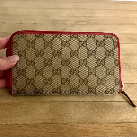 Gucci GG Canvas & Leather Monogram Long Zip Around Wallet Red Trim - Picture 3 of 15